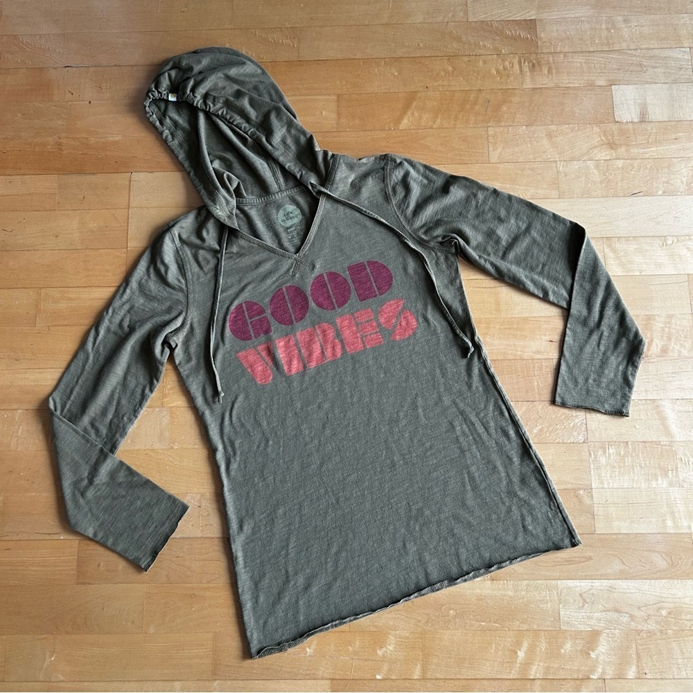 Life Is Good “GOOD VIBES” Lightweight, Long Sleeve Hoodie, Olive Green, Size M